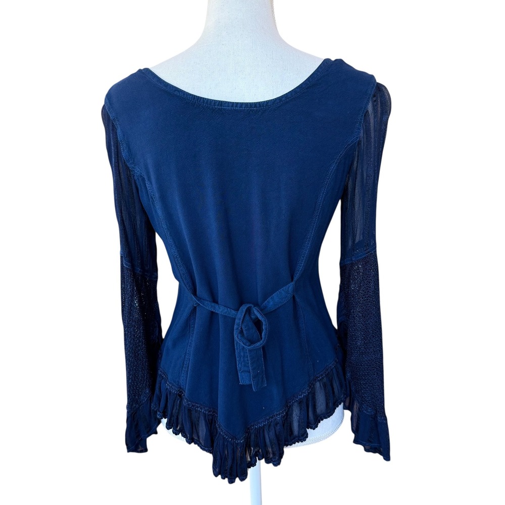 Sakkas Womens Boho Embroidered Bell Sleeve Button Down Blouse Navy Blue Medium - Picture 4 of 10